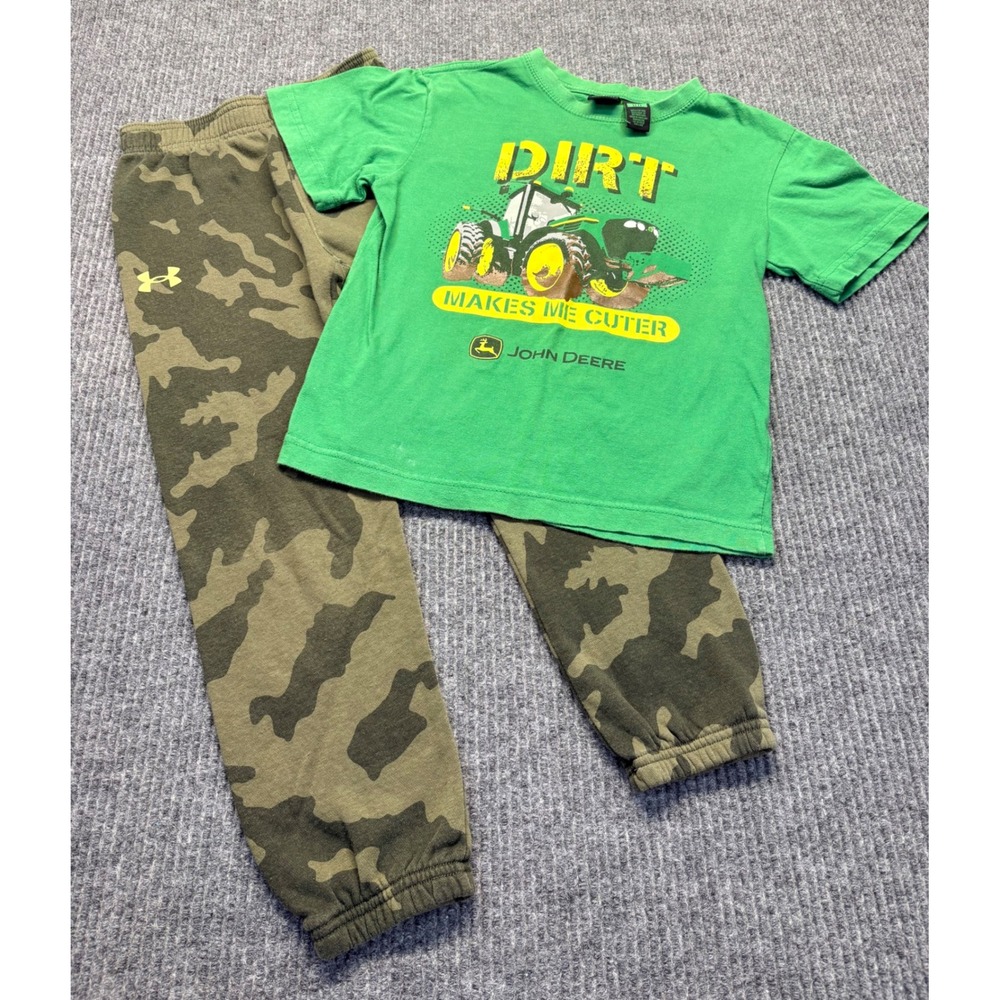 John Deere Graphic Tee & Under Armour Camo Joggers Set Boys Size 7 Green Brown